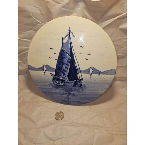 Delft Hand Painted Blue and White Sail Boat Trivet ROUND Vintage GERMANY - Picture 2 of 5